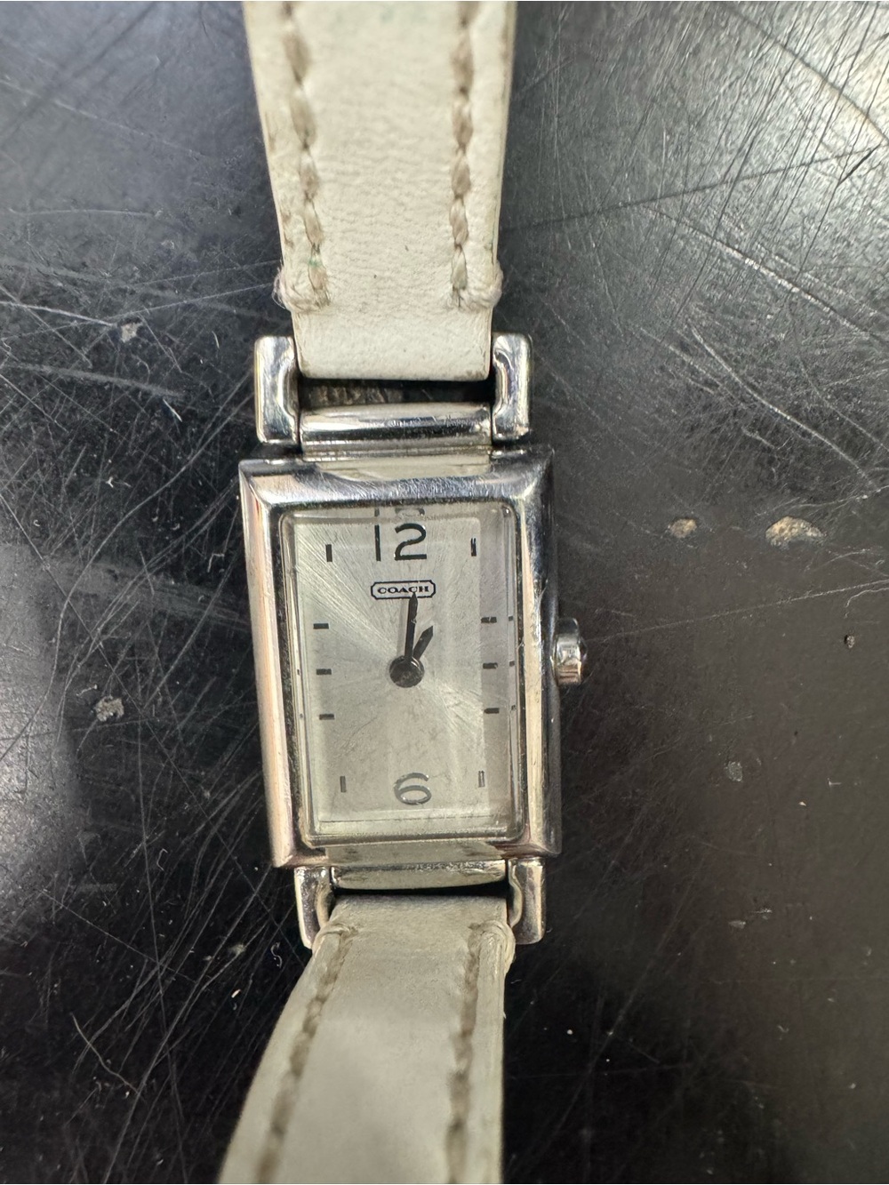 Coach White Silver Rectangular Madison Women's Watch with wrap band.